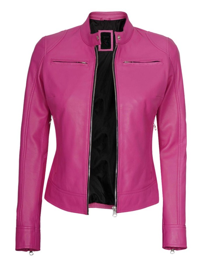 Dodge Womens Pink Slim Fit Cafe Racer Leather Jacket