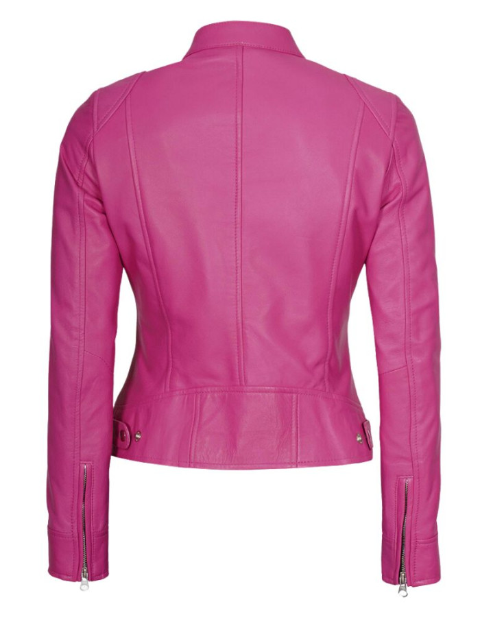 Dodge Womens Pink Slim Fit Cafe Racer Leather Jacket