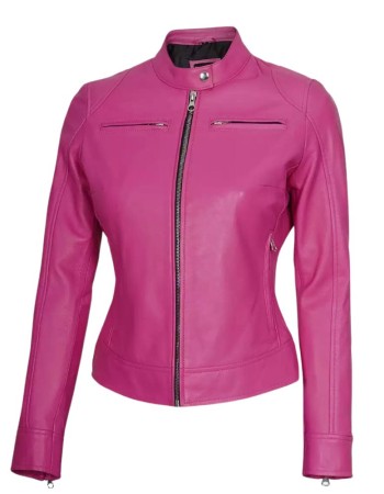 Dodge Womens Pink Slim Fit Cafe Racer Leather Jacket