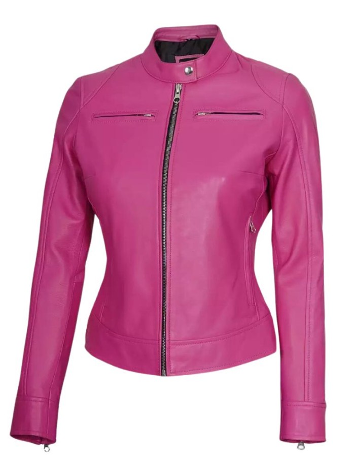 Dodge Womens Pink Slim Fit Cafe Racer Leather Jacket