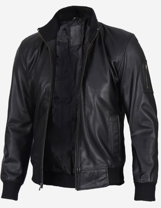 Men's Black Cowhide Leather Bomber Jacket