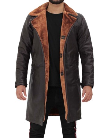 Men's Dark Brown Leather Shearling Trench Coat