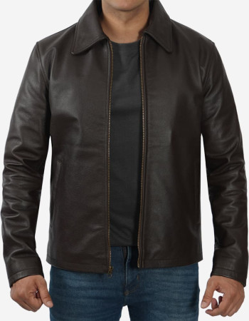 Men's Shirt Collar Dark Brown Cowhide Jacket