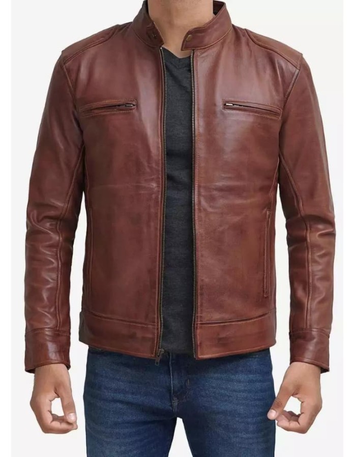 Mens Tall Cognac Brown Cafe Racer Leather Jacket