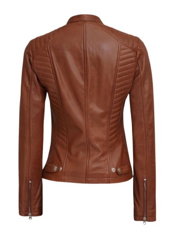 Rachel Women's Petite Tan Rib Padded Leather Biker Jacket