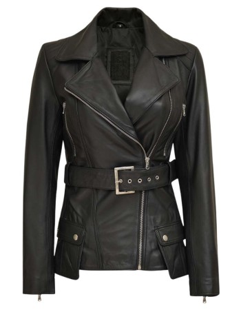 Victoria Women's Black Asymmetrical Belted Moto Leather Jacket