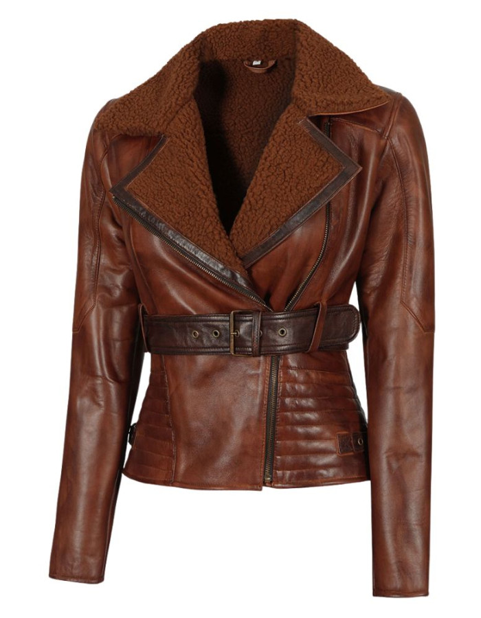 Womens Asymmetrical Brown Sherpa Shearling Leather Jacket