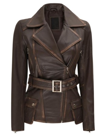 Womens Asymmetrical Rub Off Dark Brown Belted Leather Jacket