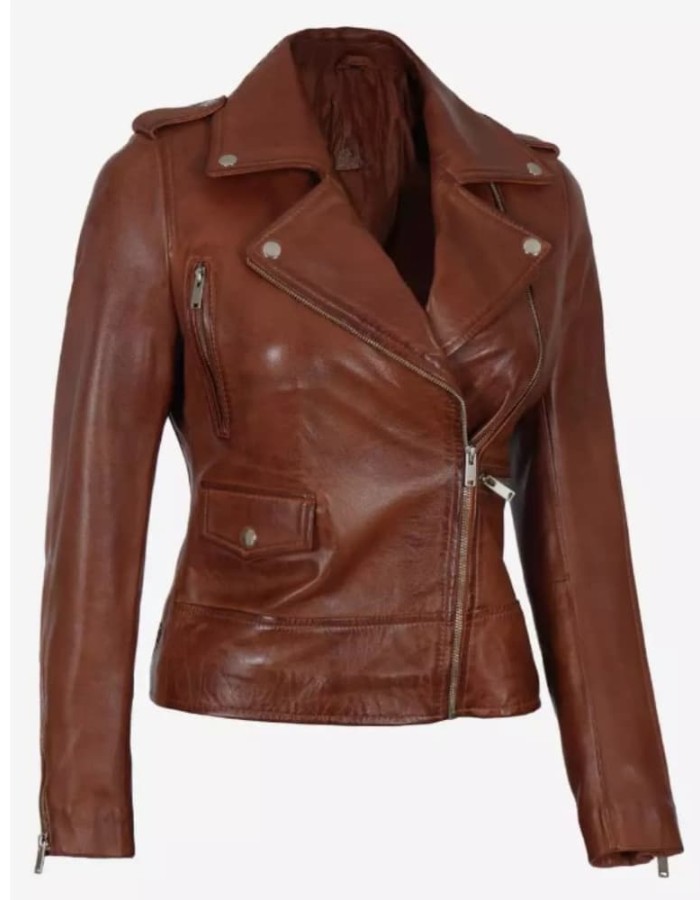 Amber Women's Cognac Brown Asymmetrical Leather Jacket