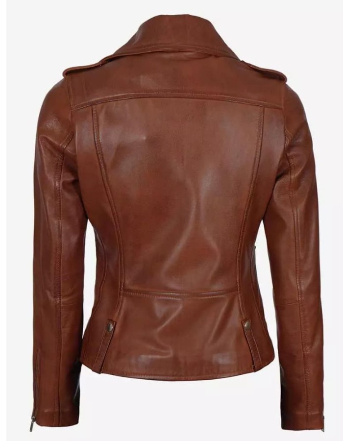 Amber Women's Cognac Brown Asymmetrical Leather Jacket