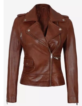 Amber Women's Cognac Brown Asymmetrical Leather Jacket