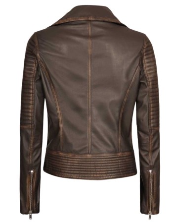 Womens Rub-Off Dark Brown Asymmetrical Padded Leather Jacket