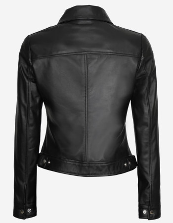 Womens Black Shirt Collar Harrington Leather Jacket