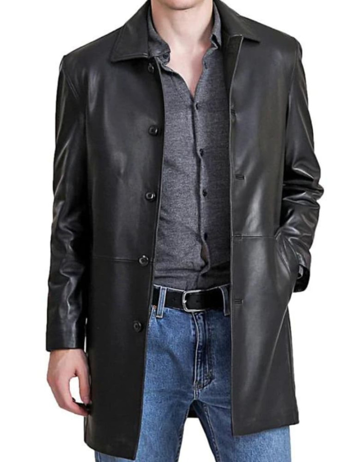 Bristol Mens 3 Quarter Length Shirt Collar Black Leather Car Coat