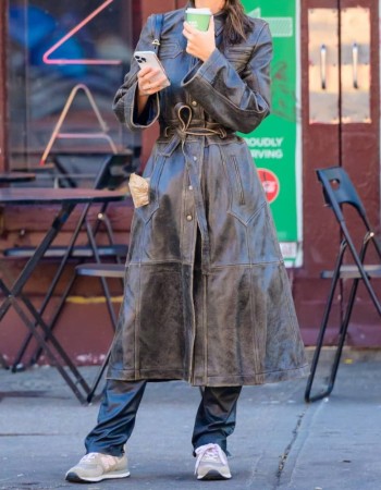 Emily Ratajkowski NYC Street 2023 Brown Leather Coat