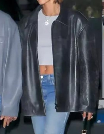 Hailey Bieber Black Leather Jacket 