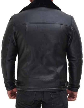Fernando Black Shearling Collar Leather Trucker Jacket