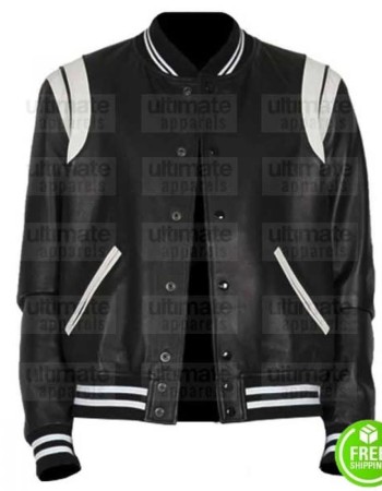 BLACK AND WHITE LEATHER VARSITY LETTERMAN JACKET