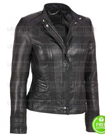 LADIES BLACK MOTORCYCLE BIKER LEATHER JACKET