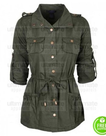WOMEN'S BELTED GREEN MILITARY COTTON COAT