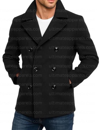 Men's Double Breasted Black Wool Pea Coat