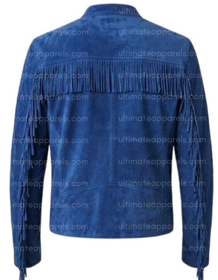 The Cobalt Rider Men’s Minimalist Blue Fringe Biker Suede Leather Jacket