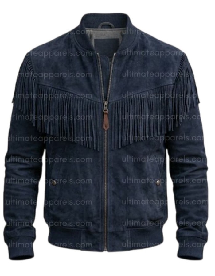 The Patriot Navy Blue Suede Fringe Bomber Jacket