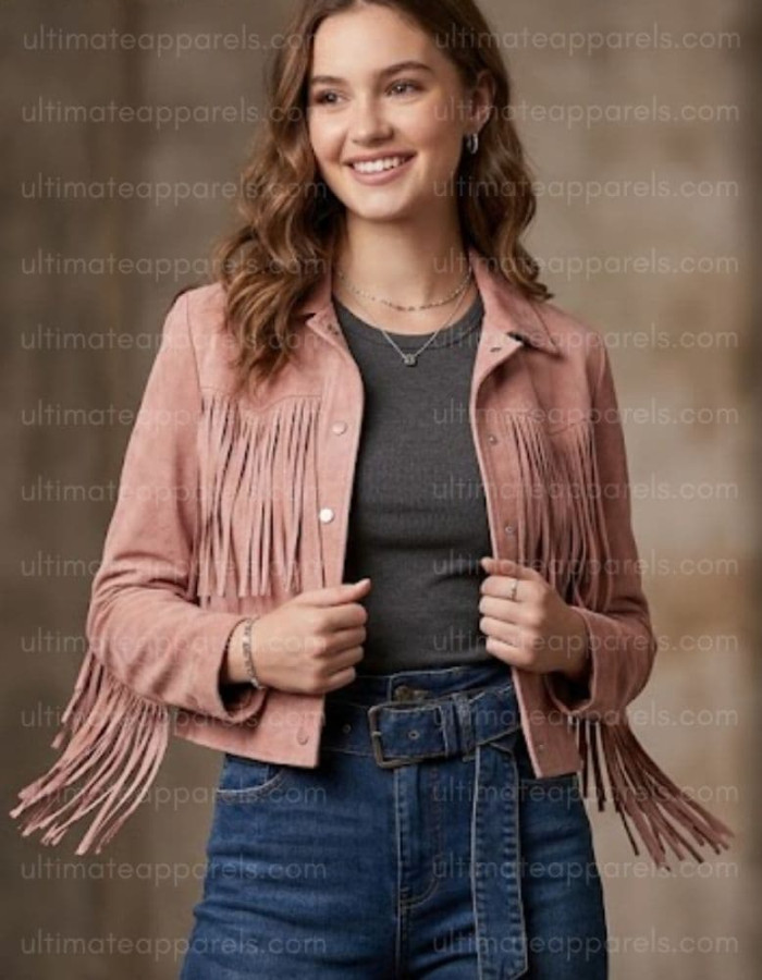 The Aurora Rose Quartz Dusty Pink Suede Cropped Fringe Jacket