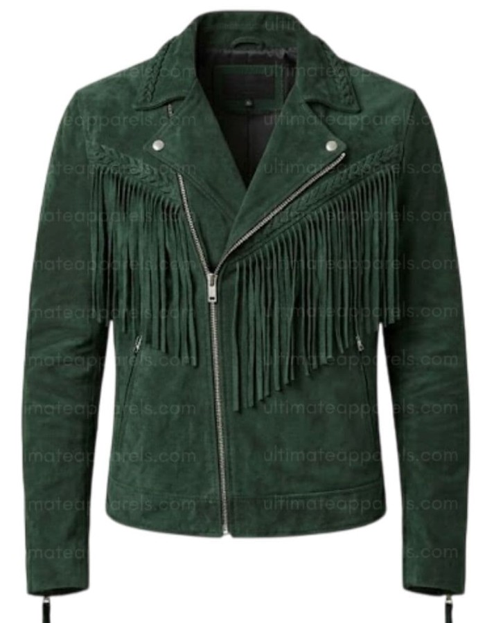 The Forest Wanderer Braided Green Fringe Suede Men’s Jacket