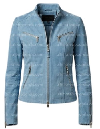 The Zenith Women's Sky Blue Suede Streamlined Fringe Jacket