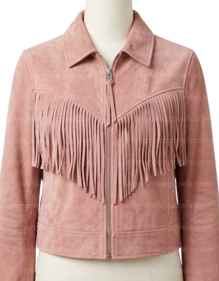 The Aurora Rose Quartz Dusty Pink Suede Cropped Fringe Jacket