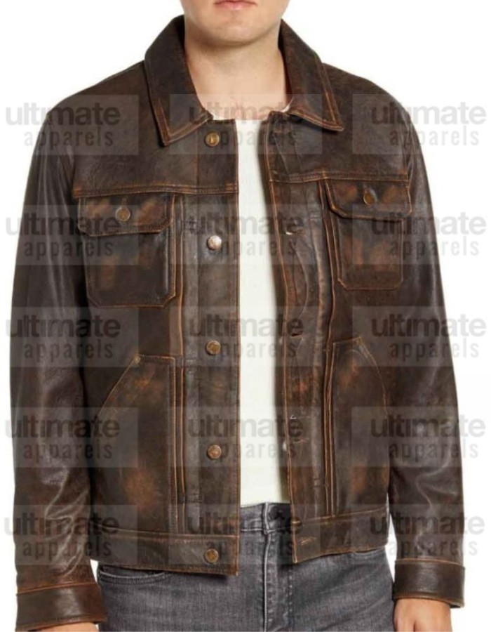 Distressed Brown Shirt Collar Real Leather Jacket