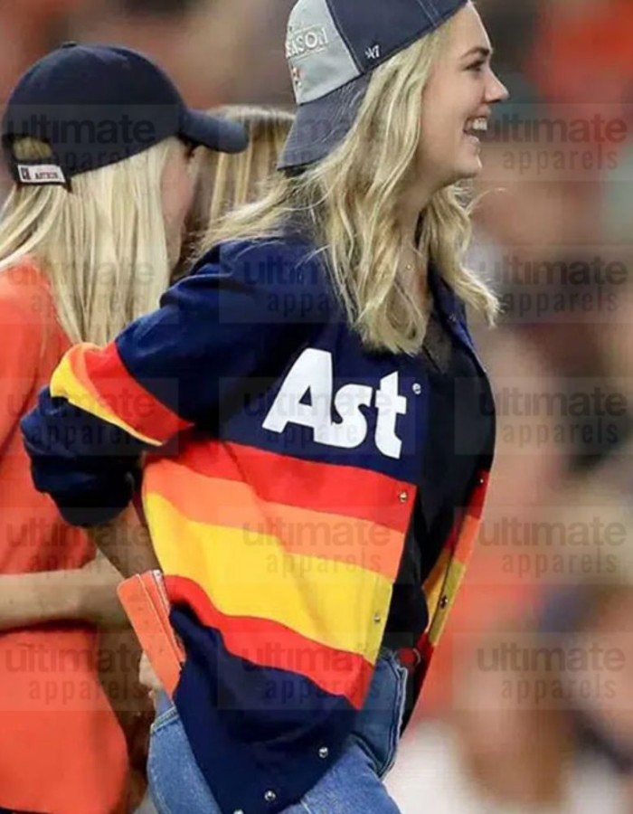 Kate Upton Astros Blue With Rainbow Stripes Fleece Jacket
