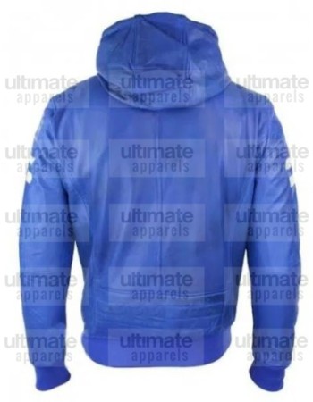 Men's Blue Bomber Leather Hooded Jacket