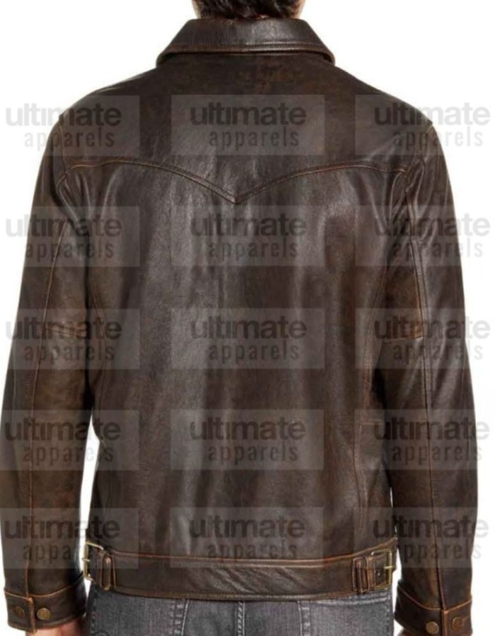 Distressed Brown Shirt Collar Real Leather Jacket