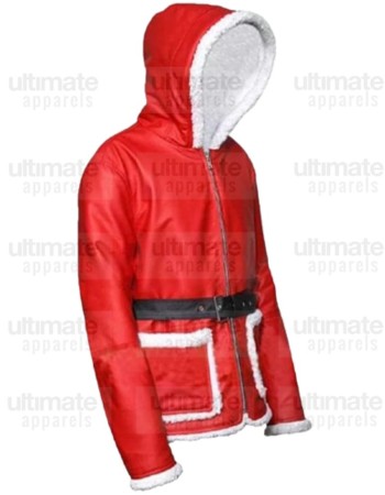 Santa Claus Red Leather Hooded Shearling Jacket