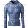 Women's Blue Bomber Leather Hooded Jacket