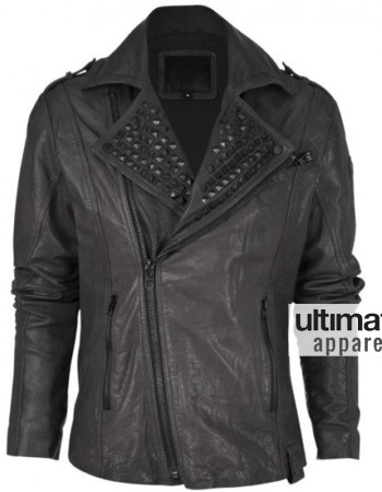 Asymmetrical Style Black Rock and Roll Studded Men's Leather Jacket