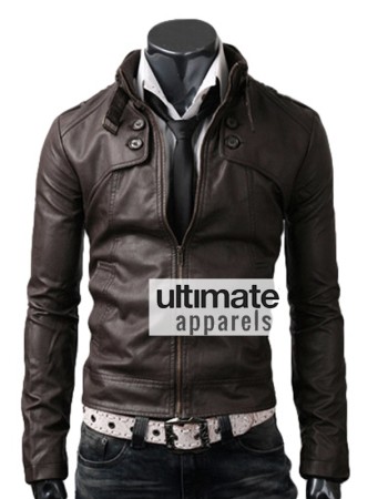 Button Pocket Dark Brown Leather Jacket