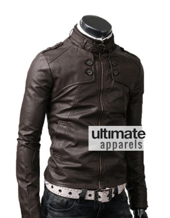 Button Pocket Dark Brown Leather Jacket