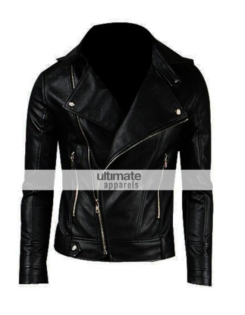 Slim Fitted Mens Faux/PU Black Leather Biker Jacket