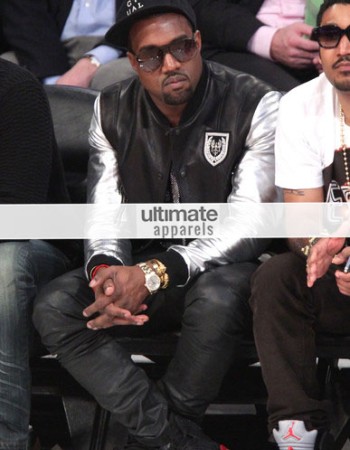 Kanye West Silver Sleeve Black Teddy Varsity Leather Jacket