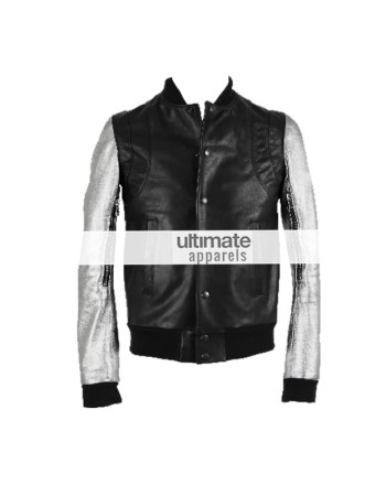 Kanye West Silver Sleeve Black Teddy Varsity Leather Jacket