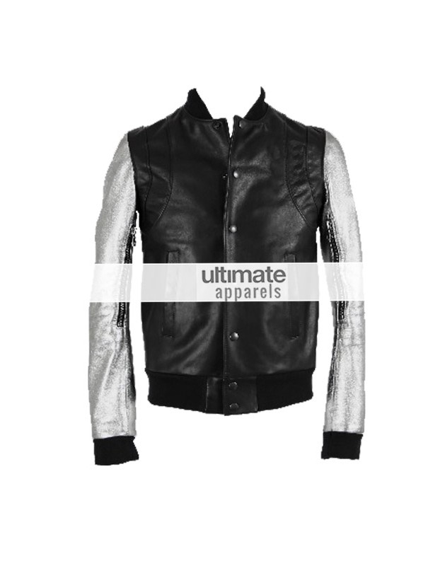 Kanye West Silver Sleeve Black Teddy Varsity Leather Jacket