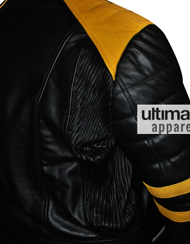 Men's Black Biker Leather Jacket With Yellow Stripes