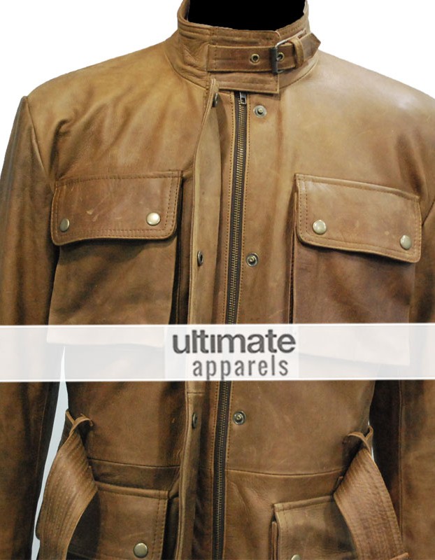Men Distressed Light Brown Belted Moto Long Jacket
