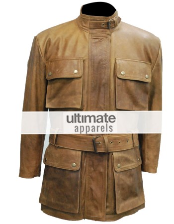 Men Distressed Light Brown Belted Moto Long Jacket