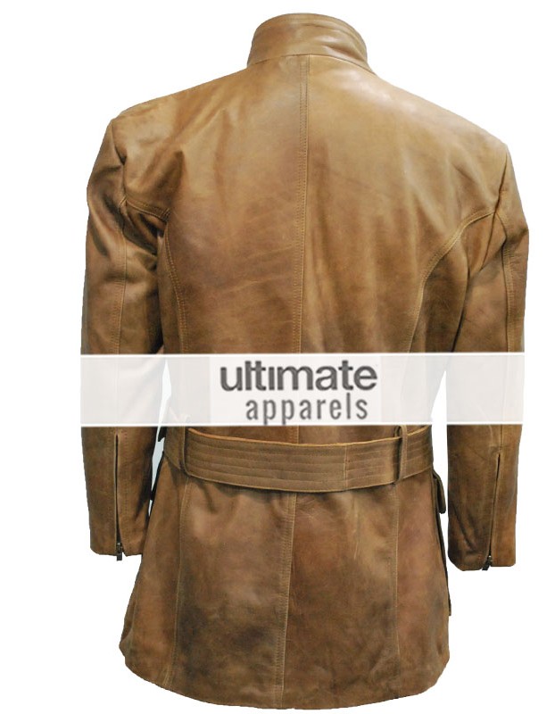 Men Distressed Light Brown Belted Moto Long Jacket