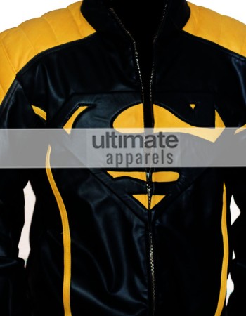 Superman Mens Yellow Stripes Black Leather Jacket