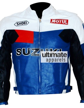 Suzuki Men's Blue And White Motorcycle Leather Jacket